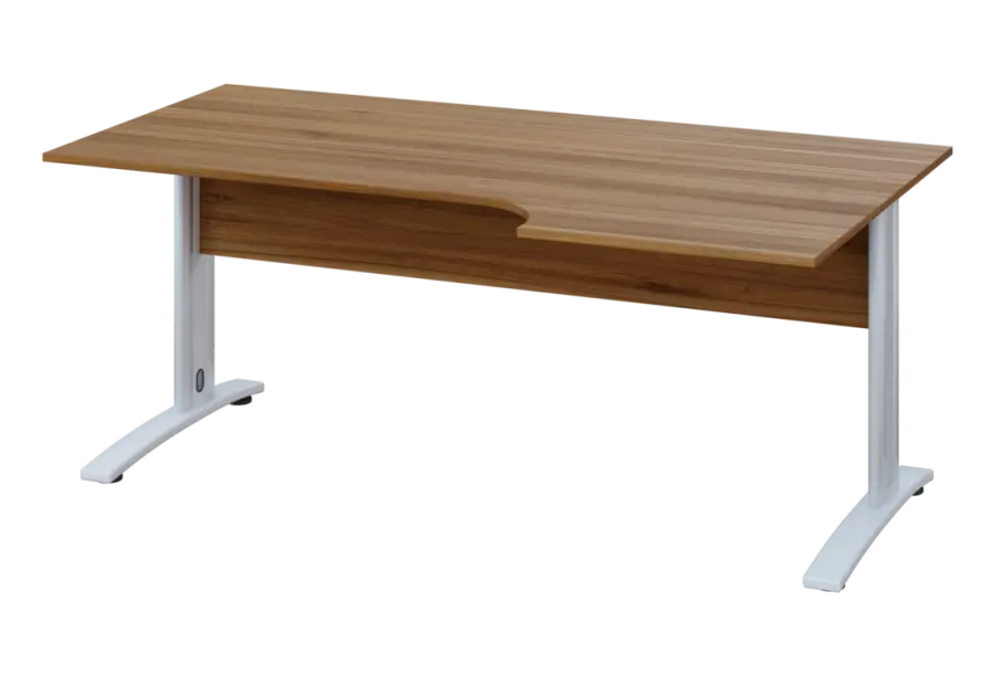 ERK 18 - 186 stůl kancelářský, rohový, pravý, kovová podnož bílá, deska 18 mm, široký 1800 mm, ořech světlý